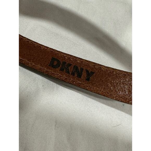 Vintage DKNY Brown Leather Skinny Belt With Brass Chain Detail Size Small Italy